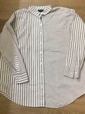 J.Jill Wearever Gray Striped Button-Front Blouse – Size Medium – Cotton Stretch